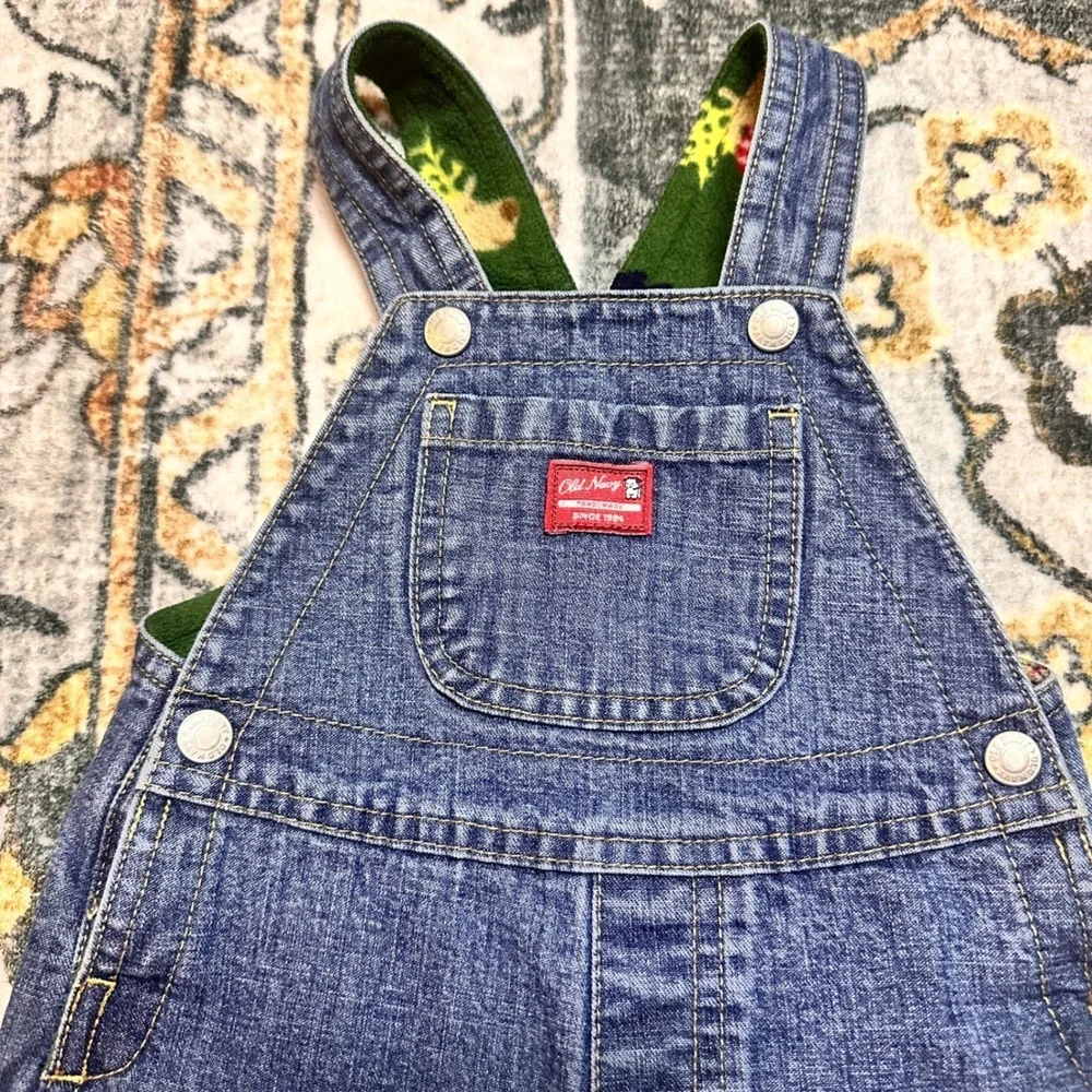 Vtg Old Navy Overalls Holiday Reindeer‎ Embroidered Lined Denim Baby 6-12 Months